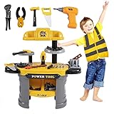 BRINJOY Kid Toy Workbench, 76 PCS Work Shop Toy Tools for Kids, Portable Toddler Workshop Bench with Worker Costume & Electronic Drill, Pretend Construction Tool Set Toys for Boys Girls Ages 3+