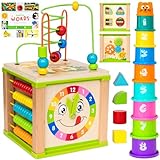 TOYVENTIVE Wooden Activity Cube, Montessori Toys, Multipurpose Educational Sensory Toy for 1-2 Year Old Baby, Toddler, Kid, Boy | Birthday Gift | Bonus First Words Book