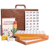 GUSTARIA Chinese Mahjong Game Set, Mahjong Tiles Set with 146 Numbered Large Tiles (Yellow), Chinese Mahjong Set with Brown Carrying Case (Mah Jongg,Majiang)