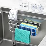 3-In-1 Sponge Holder for Kitchen Sink, 2 Suspension Options(Suction Cups & Adhesive Hook), Hanging Sink Caddy Organizer Rack - Sponge, Dish Cloth, Brush, Scrubber, Soap Tray, 304 Stainless Steel