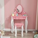 JOYMOR Kids Vanity Set with Mirror, 2 in 1 Princess Makeup Dressing Vanity Table and Stool Set, Toddler Vanity with 360° Rotating Mirror & Drawers, Pretend Play Vanity Set for Little Girls (Pink)