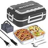RIKDOKEN 60W Faster Heat Electric Lunch Box Heater for Car Truck Work Home, 12V 24V 110V Portable Food Warmer with 1.5L Stainless Steel Container, Leak-proof Lunch Heater with Bag, Spoon, Fork