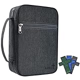 Bible Cover Case with Handle, Front Pockets and Christian Cross Bookmark Sets for Men Carrying Church Bag Bible Study 9.2'x7.4'x2.4' (Black Blessed)