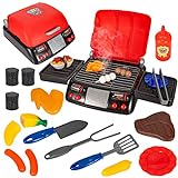 Kids Grill Playset with Pretend Smoke Sound Light Play Kitchen Playset Toy Grill 24 PCS Fake Food Accessories Toy Cooking Fine Motor Skills Outdoor Toys Interactive Grill for Children Boys Girls