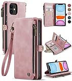 Defencase for iPhone 11 Case, for iPhone 11 Wallet Case for Women Men, Durable PU Leather Magnetic Flip Strap Wristlet Zipper Card Holder Wallet Phone Cases for iPhone 11 6.1-inch, Rose Pink