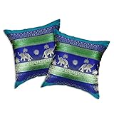AeraVida Boho Chic Inspired Thai Elephants & Sun Motif in Royal Blue & Green Stripes Set of 2 Throw Pillow Cushion Covers for Colorful & Trendy Home Décor