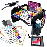 FICOMAX Kids Travel Tray for Car with 8 Markers, Eraser, Tablet, Cup Holder | Child Car Seat Tray | Kids Snack Lap Car Trays | Table Tray for Kids Road Trip Activities | Toddler Desk Organizer (Black)