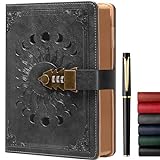 ZXHQ Lock Diary for Women & Men with Pen, A5 240 Pages Journal with lock, Vintage Edge Refillable Leather Journaling Notebooks, (8.5 × 5.9 Inch) Dark Grey