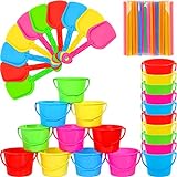 20 Sets Sand Buckets and Shovels Set for Kids Beach Plastic Buckets Beach Pails and Shovels with 100 Plastic Straws for Beach Birthday Summer Holiday Party Favors