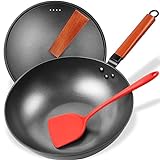 Anyfish Wok Pan with Lid, 13in Woks & Stir Fry Pans with Silicone Spatula, Nonstick Wok and Carbon Steel Woks, No Chemical Coated Flat Bottom Chinese Wok For Induction, Electric, Gas, All Stoves