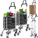 Datanly 2 Pack Folding Shopping Grocery Carts on 8 Wheels, Portable Trolley Cart Dual Purpose for Stair Climbing with Upgraded Insulated Bag, Elastic Rope, Brakes for Grocery Camping Gardening