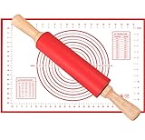 Rolling Pin Pastry Baking Mat, Dough Roller Rolling Mat - Extra Large Nonstick Silicone Rolling Pin 16.9”- Thick Nonstick Silicone Pastry Mat Board - Pizza Pie Crust Fondant Mat Oven Liner 24”x 16”