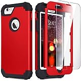 IDweel iPhone 6S Case, iPhone 6 Case with Screen Protector(Tempered Glass), 3 in 1 Heavy Duty Shock Absorption Drop Protection Hybrid Hard PC Covers Soft Silicone Full Body Protective Case, Red+Black