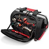 Pnochoo Waterproof Tool Bags for Men or Women, 16-inch Wide Mouth Tool Tote Bag with 25 Pockets for Tool Organizer & Storage, with Adjustable Shoulder Strap (16IN, Black/Red)