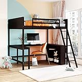 Merax Full Size Wooden Loft Bed with 3 Storage Shelves and Built-in L-Shape Desk, Multi-Functional Full Loft Bed with Ladder and Guardrails, No Box Spring Required Wood Bed Frame, Espresso