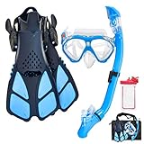Aisrida Kids Snorkeling Set Children Mask Fin Snorkel Set Snorkeling Gear Snorkel Mask + Adjustable Swimming Kids Flippers+ Dry Snorkel Tube + Travel Bags (Light Blue)