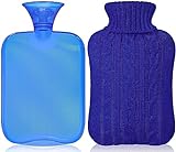 Attmu Hot Water Bottle with Cover Knitted, Transparent Hot Water Bag 2 Liter - Blue