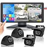 4K RV Backup Camera System with 10.36’’ Monitor for RV Truck Bus Trailer with Rear Side View 4 AHD Camera 4 Splits Touch Screen DVR Recording IP69 Waterproof Bluetooth Music Video Playback Avoid Blind