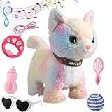 Colorful Walking Cat Set Singing That Purrs and Meows Animated Plush Robot Kitten with Leash Moving Plush Stuffed Animal Remote Control Cute Kawai Robotic Kitty Electronic Kitten Toy for Girl Kid