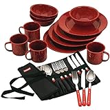 Coleman 24-Piece Enamel Dinnerware Set, Durable Dishes & Utensils for Camping & Outdoor Use, Dishwasher Safe with Included Carry Pouch for Camping, Tailgating, Picnics & More