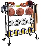 Ardier Ball Rack Organizer with Wheels, 4Tier-Rolling Basketball Racks Holder for Balls, Sports Equipment Storage Stand Organizer for Basketball, Football, Soccer and Volleyball, Black
