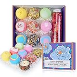 Bath Bombs Gift Set - Set of 6 Bath Bombs, 3 Scented Candles & Dried Rose Petals, Bubble Fizzies Spa Bath Kit, Shea and Cocoa Dry Skin Moisturize, Birthday Valentines Christmas Gifts for Women,Mom,Her