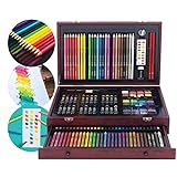 142 Pc Art Set with Colored Pencils, Crayons, Pastels, Watercolors in Wood Carrying Case