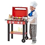 Teamson Kids Little Helper Wooden Toy BBQ Grill Playset with 26 Cooking Accessories for Making Shish Kabobs, Red