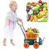COOMOE Toys Cutting Play Food Sets for Kids Kitchen,Shopping Cart and Basket Toy for 1 2 3 Years Old,Pretend Fruit and Vegetables Cutting Toys for Toddlers,Gifts for Girls Boys