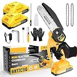 Anttctig Mini Chainsaw, 6 Inch Portable Electric Chainsaw, Lightweight Battery Powered Small Handheld Cordless Chain Saw for Trees Branches Trimming Wood Cutting, with 2 Batteries & 2 Chains
