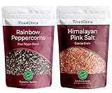 Viva Doria Rainbow Peppercorn Blend (Steam Sterilized Whole Black, White, Green and Pink Peppercorn) 12 oz and Himalayan Pink Salt (Coarse Grain) 2 lbs for Grinder Refills (Pepper+Salt)
