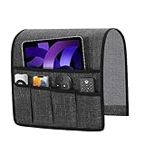 Chair Caddy Organizer Faux Linen Remote Control Holder for Couch Recliner Armrest Organizer Non Slip Sofa Arm Chair Caddie with 5 Pocket Storage for Tablet, Magazine, Phone, iPad, Dark Grey