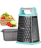 Cheese Grater with Handle, Ourokhome Stainless Steel Box Grater, 4 Side 10 inch Vegetable Grater,Slicer, Shredder, Zester with a Container for Lemon, Potato, Carrot, Ginger, Nutmeg(Teal and Black)