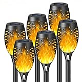 REEGOLD Solar Outdoor Flame Torch Lights: LED Tiki Torches with Flickering Flames for Christmas Halloween Garden Yard Patio Decor | IP65 Waterproof Landscape Lights with Auto On/Off | 6 Pack