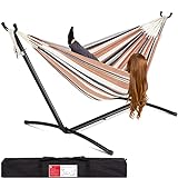 Best Choice Products Double Hammock with Steel Stand, Indoor Outdoor Brazilian-Style Cotton Bed w/Carrying Bag, 2-Person Capacity - Desert Stripes