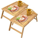 Greenco Bed Tray Table with Foldable Legs, Set of 2 Breakfast Trays with Handles, Eating, Working, Laptop or Snacking | 100% Natural Bamboo for Strength and Beauty | 17.75' L x 12' W