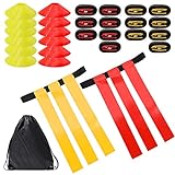 Flag Football Set, Includes 14 Belts, 48 Flags(6 Replacement Flags), 12 Cones and 1 Carrying Bag, 14 Player Flag Football Belts and Flags Set, Easy Tear Away Belt for Kids or Adults