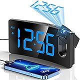 GOLOZA Projection Alarm Clock, Digital Clock with Modern Curved Design 180° Rotatable Projector, 3-Level Brightness Dimmer, Clear Blue LED Display, Progressive Volume, 9mins Snooze,12/24H, for Bedroom