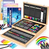 Art Supplies, iBayam 150-Pack Deluxe Wooden Art Set Crafts Drawing Painting Kit with 1 Coloring Book, 2 Sketch Pads, Creative Gift Box for Adults Artist Beginners Kids Girls Boys