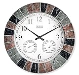 14 inch Indoor/ Outdoor Faux Slate Waterproof Wall Clock with Thermometer and Hygrometer, Battery Operated Round Clock. Decorative for Patio/Home, 3 colors (Mix of Grey/Red/Black Frame Color…)