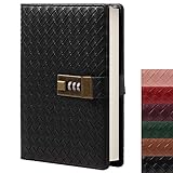 TIEFOSSI B6 Leather Journal Notebook with Combination Lock, Travel Refillable Ruled Lined Writing Paper, Secret Password Gift Diary for Women Girls Boys (Black)