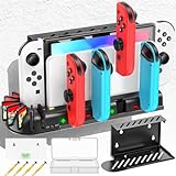 Switch Wall Mount with Charger, Wall Mount Kit Shelf for Nintendo Switch/OLED Console, Switch Charging Docking Station with 8 Game Storage Holder for Joy-Con, Switch Accessories Wall Mount Behind TV