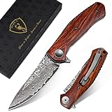 AUBEY Damascus Folding Pocket Knife Handmade with Clip for Men, Damascus Hunting Knife EDC Knife with Liner Lock for Outdoor Survival Camping Collection, Wooden Handle
