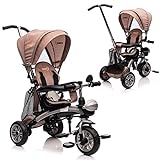 AOKOY 6 in 1 Toddler Tricycle, Baby Trike with Adjustable Canopy Push Handle Rotatable Seat Toddler Stroller with Rubber-Plastic Polymerized EVA Tire Double Rear Brakes Removable Guardrail, Khaki