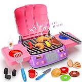 2024 Girls BBQ Grill Playset with Pretend Smoke Sound Light Kids Kitchen Playset Accessories Age 2-4 3-5 4-8 Toddler Play Food Barbecue Toy Cooking Sets 2 3 4 5 6 Year Old Girl Birthday Easter Gift