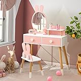 Costzon Kids Vanity Set, Girls Vanity Set with Mirror and Stool, 2 Large Drawers, Storage Shelf, Wooden Princess Makeup Dressing Table, Pretend Play Vanity Table and Chair Set for Toddlers, Pink