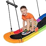 Costzon Saucer Tree Swing, Hanging Platform Surfing Tree Swing w/ Soft Padded Edge, Adjustable Height, Surfing Swing w/ Handles, for Kids Adult Indoors Outdoors (Rainbow)