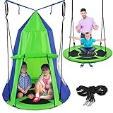 SereneLife 40' Kids Hanging Tent Swing, Outdoor Saucer Swing with Rope Straps (Green), Large