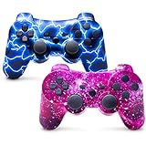 TUOZHE Wireless Controller for PS3, 2 Pack Controller for Play 3, 6-Axis with High-Performance Double Shock, Motion Control, USB Charging Cable(Blue Flash and Purple Sky)