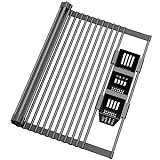 Roll Up Dish Drying Rack, Silicone Wrapped Over The Sink Multipurpose Foldable Dish Drainer Anti-Slip Dish Racks for Kitchen Counter, Sink Drying Rack Cover with Utensil Holder (Black, 17.3' x 17.6')
